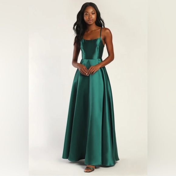 Lulus Dresses & Skirts - Fete Fantasy Emerald Green Taffeta Backless A-Line Maxi Dress Medium